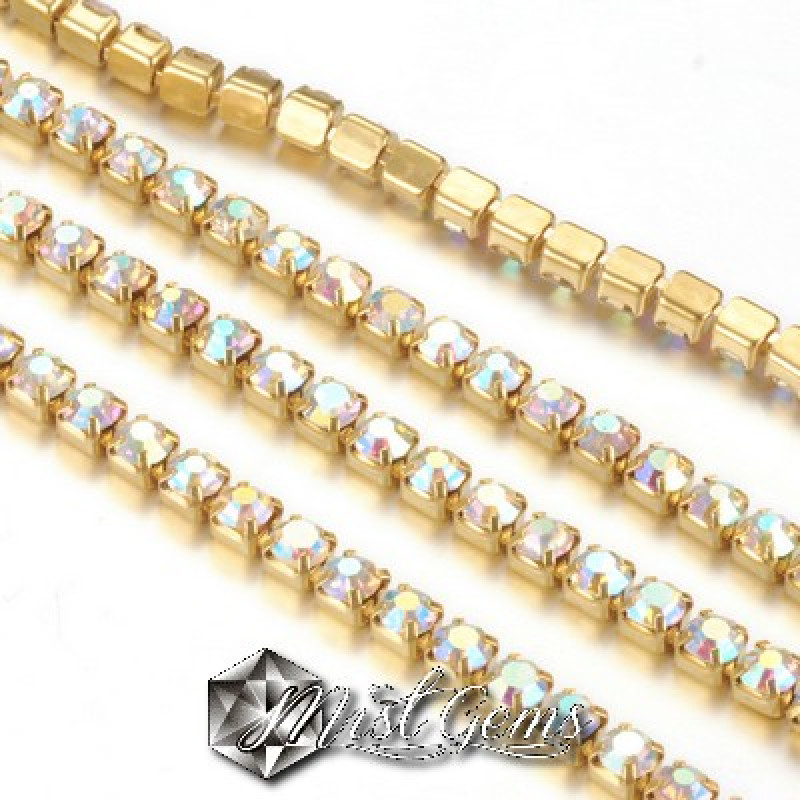 Lant din strasuri casetate,casete alama aurii,strasuri cristal AB-0.75m