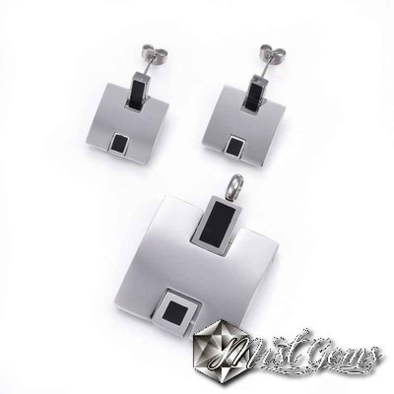 Set Cercei si Pandant din Inox cu Email Negru