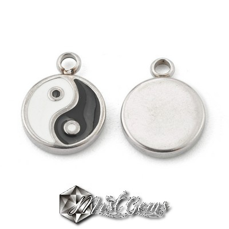 Pandantiv din Inox  Argintiu cu Simbolul Tai Ji din Email 13mm