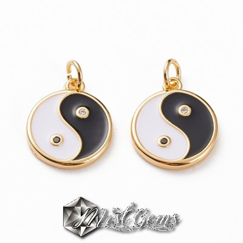 Pandantiv din Inox  Auriu cu Simbolul Tai Ji din Email 15mm