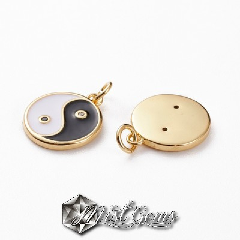 Pandantiv din Inox  Auriu cu Simbolul Tai Ji din Email 15mm