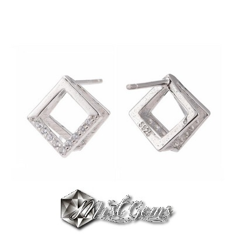 Baza Confectionat Cercei din Argint 925-Romb-cu Cubic Zirconia-10X10mm -1pereche