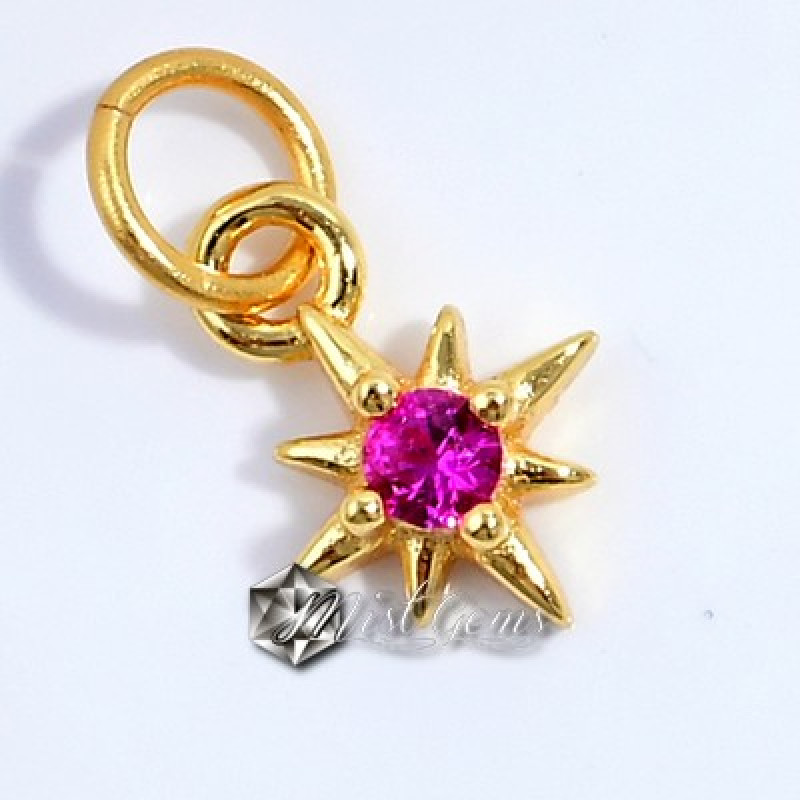 Charm (mic pandantiv)  din Argint 925 Placat cu Aur 18k-"Roza Vanturilor" cu Cubic Zirconia Rosie-6mm -1buc