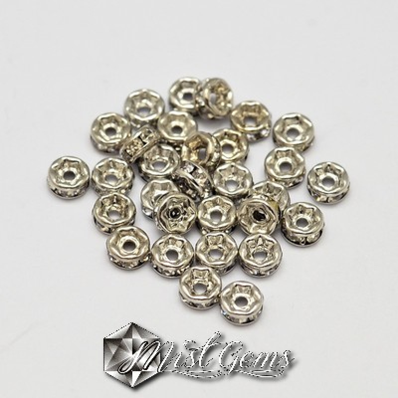 Rondele Distantiere Argintiu-Platina cu Strasuri 4mm-10 buc