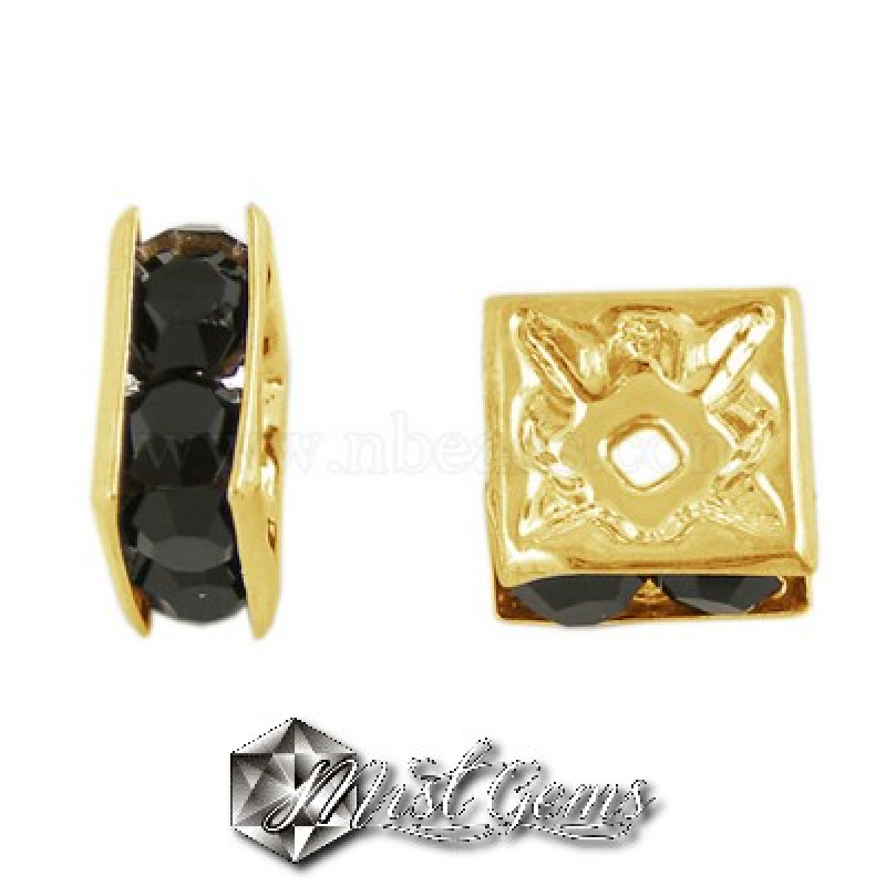 Distantiere Patrate Aurii cu Strasuri Negre 6mm-6buc