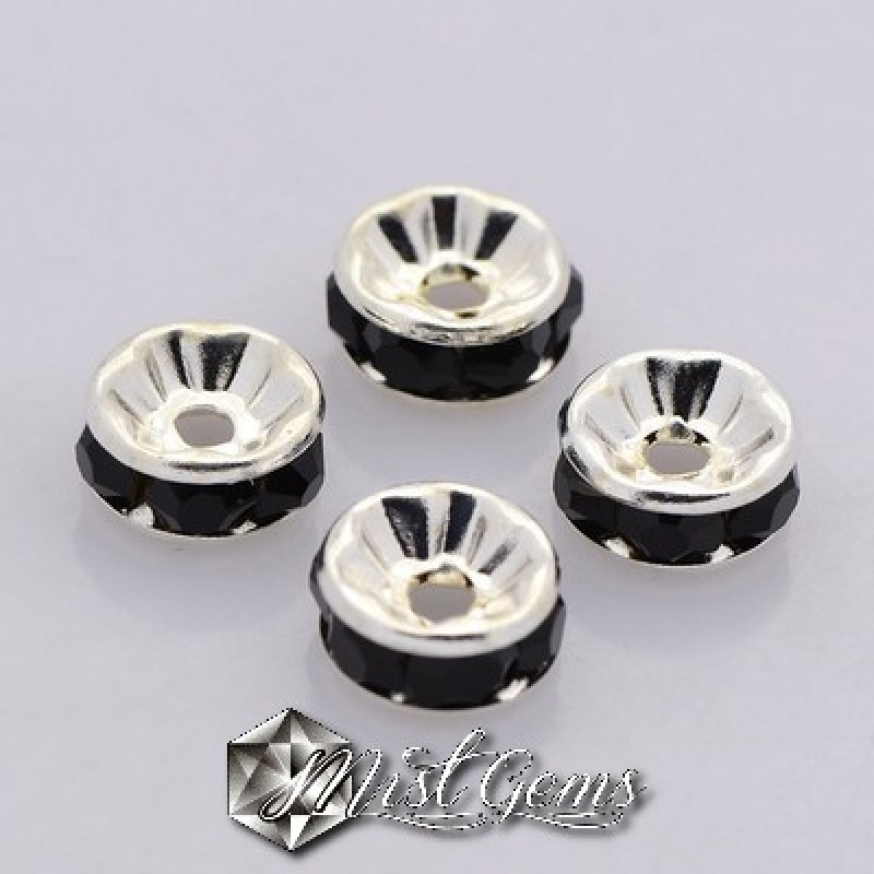 Rondele Distantiere Argintii cu Strasuri Negre 6mm-10 buc