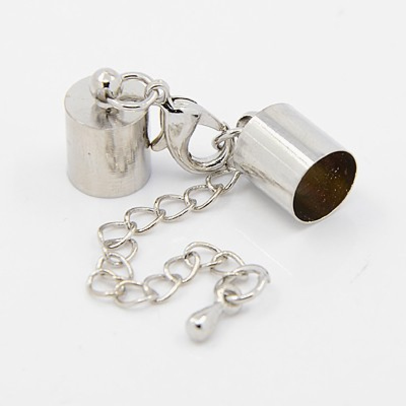 Set Inchizatoare Argintie din Metale Comune, Lobster cu Terminatii  pentru Snur 7.5mm cu Lant Extensie