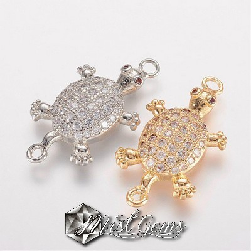 Element de Legatura,Broasca Testoasa Argintie, ornata cu Cubic Zirconia 24.5x13x4mm