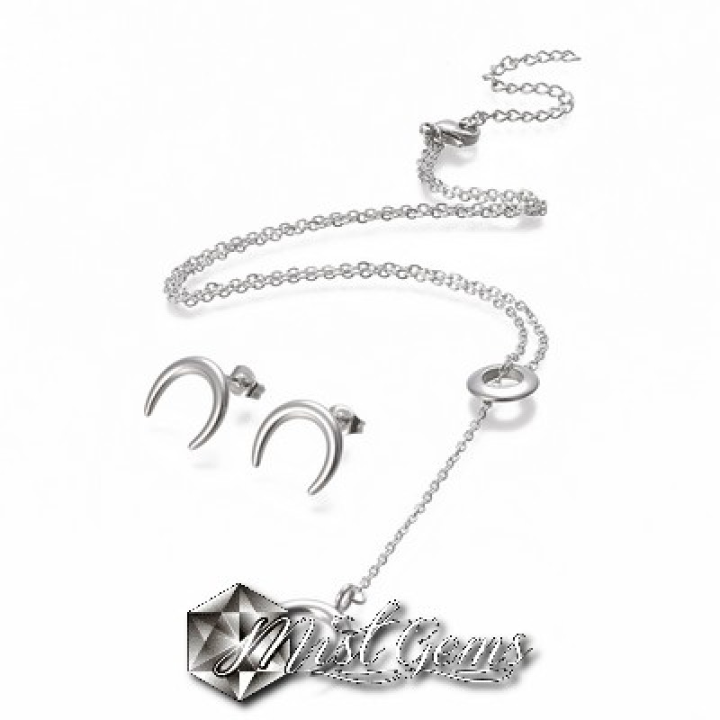Set Colier Inox cu Pandant si Cercei "Corn de Luna" Argintiu