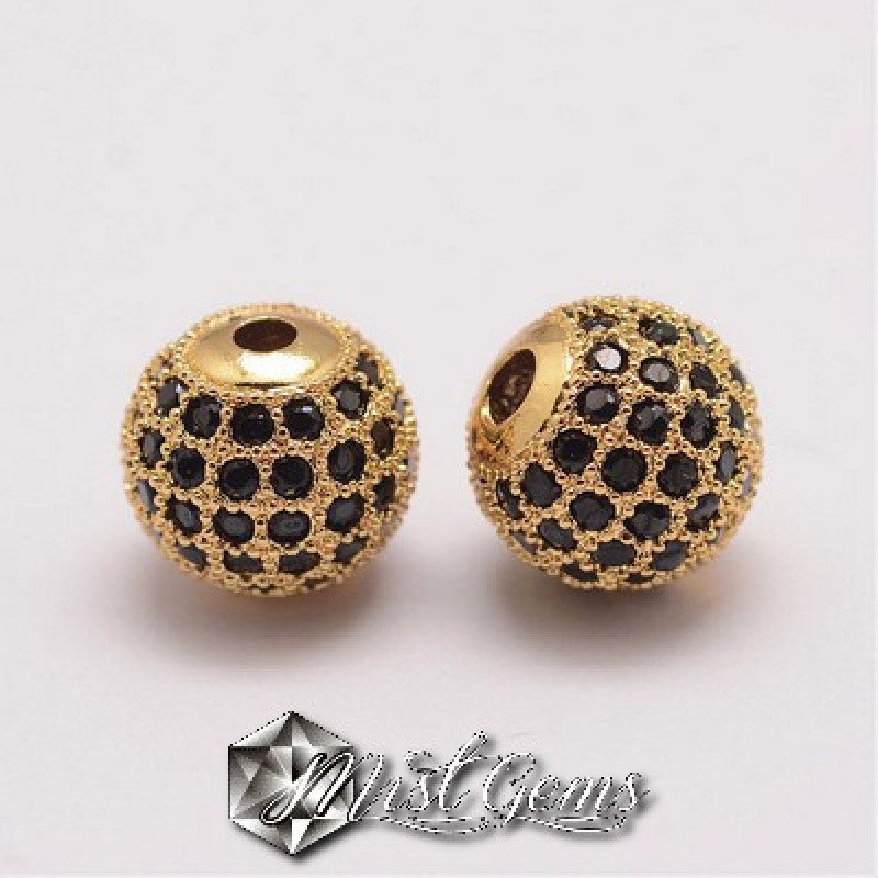 Margele Aurii Placate cu Cubic Zirconia Negre-10mm-1 buc.