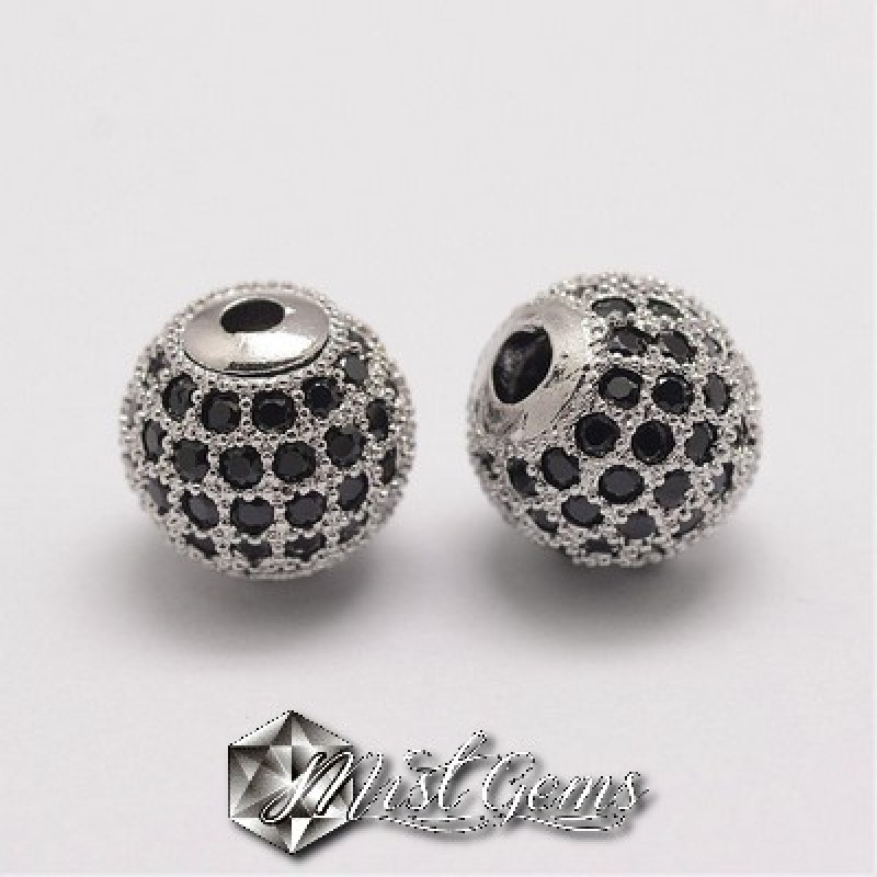 Margele Argintii Placate cu Cubic Zirconia Negre-10mm-1 buc.