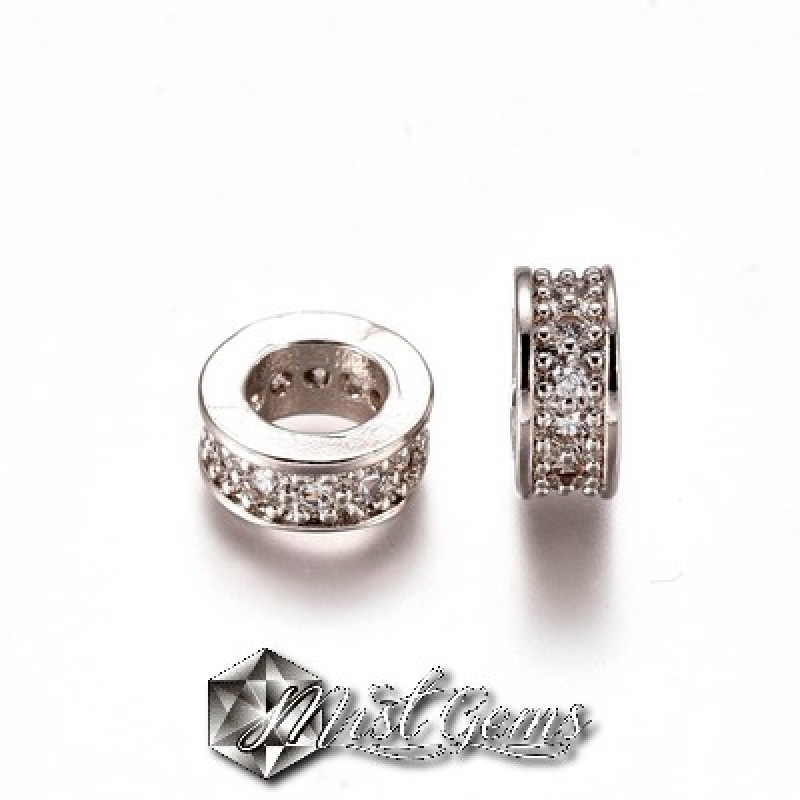 Rondele Argintii Placate cu Cubic Zirconia cu Gaura Larga 8X3.5mm-1 buc.