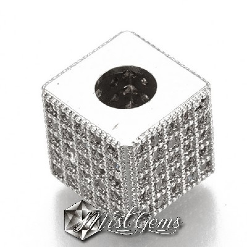 Margele Cub Argintii Placate cu Cubic Zirconia Transparente cu Gaura Larga -10mm-1 buc.