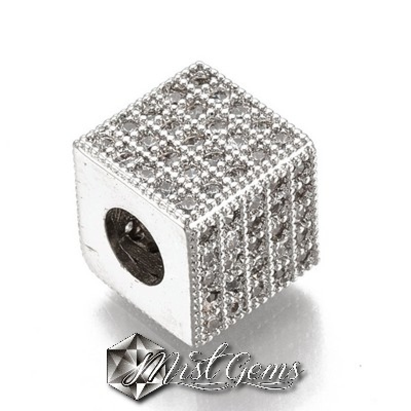 Margele Cub Argintii Placate cu Cubic Zirconia Transparente cu Gaura Larga -10mm-1 buc.