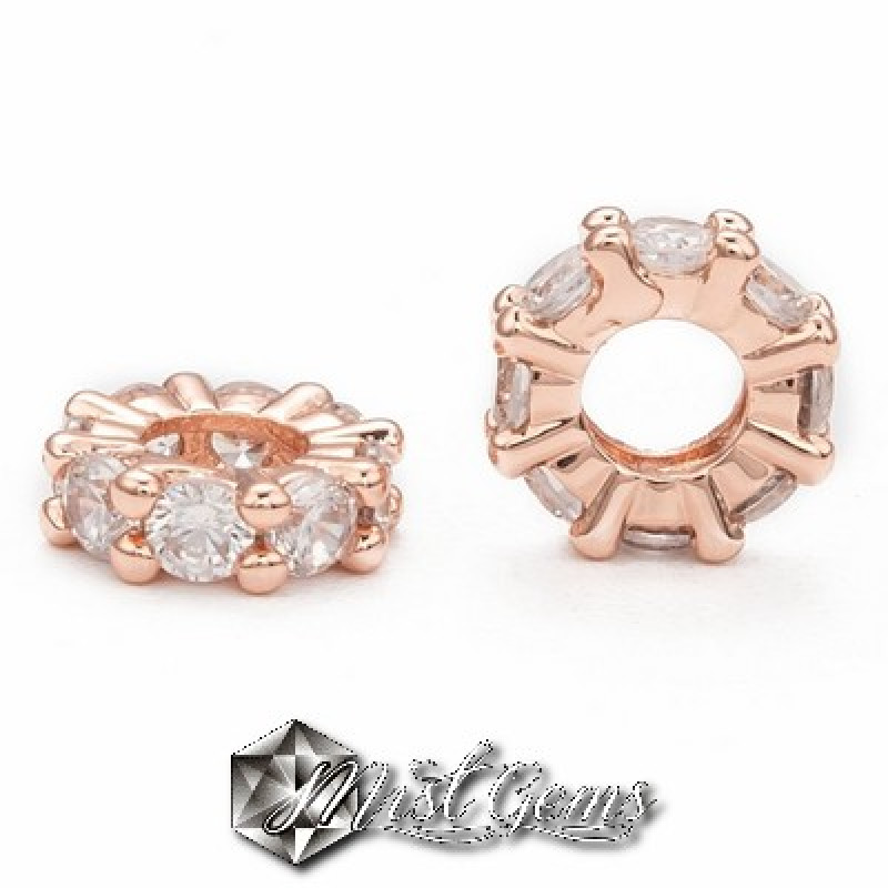 Rondele Alama culoarea Aurului Roz Placate cu Cubic Zirconia cu Gaura Larga 8X3mm-1 buc.