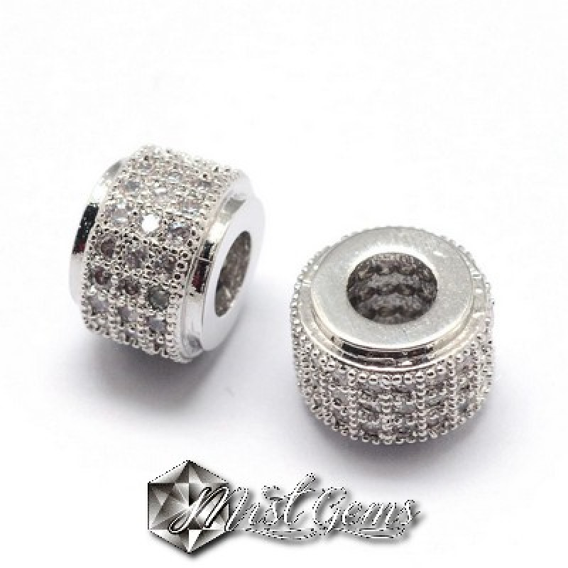 Margele Cilindrice Argintii Placate cu Cubic Zirconia  -9X7mm-1 buc.