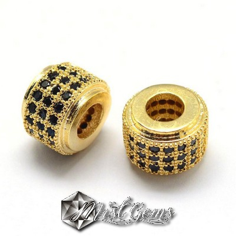 Margele Cilindrice Aurii Placate cu Cubic Zirconia Negre  -9X7mm-1 buc.