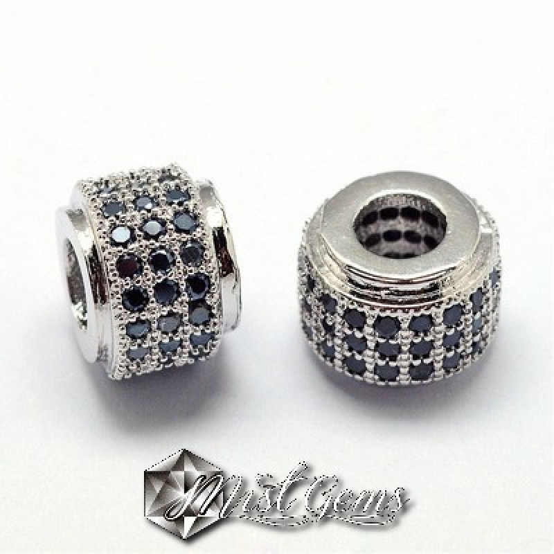 Margele Cilindrice Argintii Placate cu Cubic Zirconia Negre  -9X7mm-1 buc.
