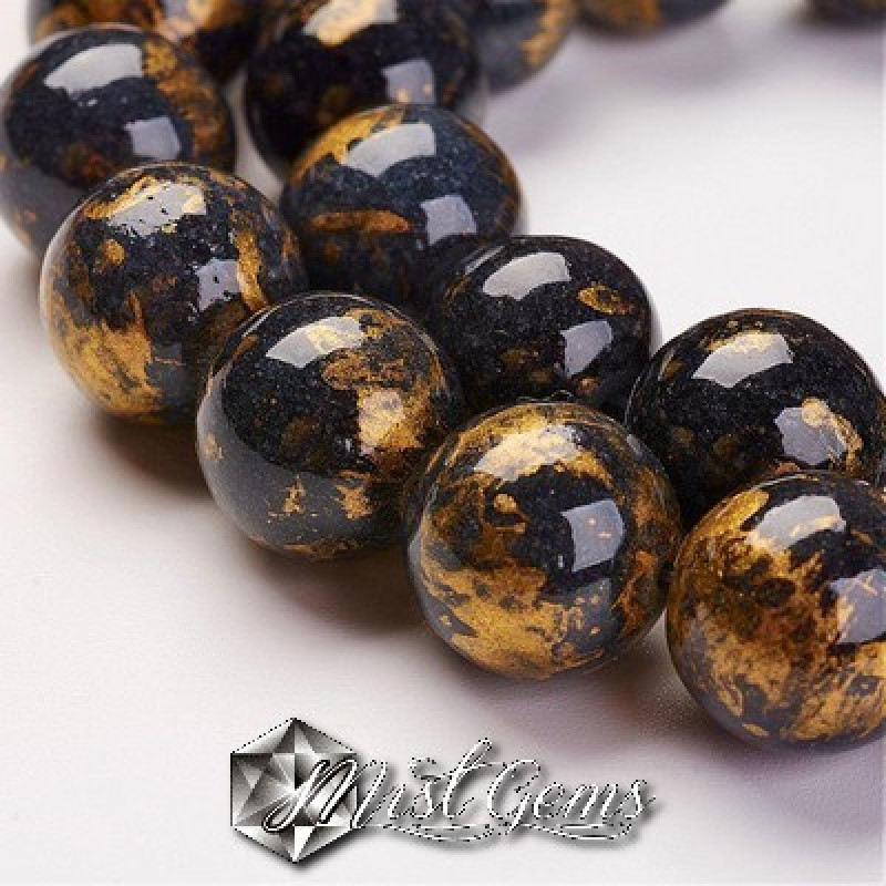 Jad sfere 4mm gri antracit cu auriu-10buc.